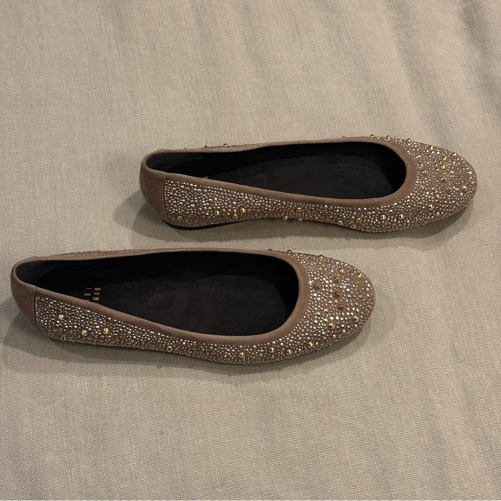 STUART WEITZMAN Crystal Embellished Suede Ballet Flats - Taupe - Size 9 - Picture 7 of 11